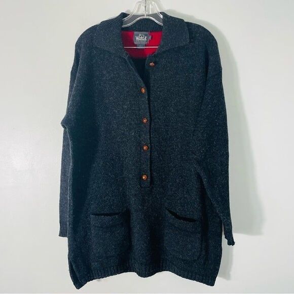 Woolrich Vinatge Charcoal Gray 100% Wool Five Button Cardigan Sweater Size L - Picture 1 of 11